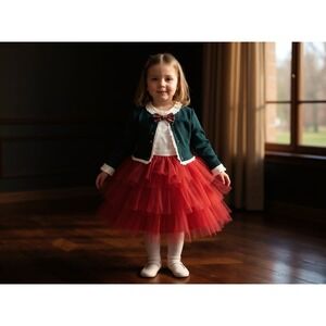 Girls Red Tulle Ruffle Dress & Green Cardigan Set Holiday Christmas Party Outfit